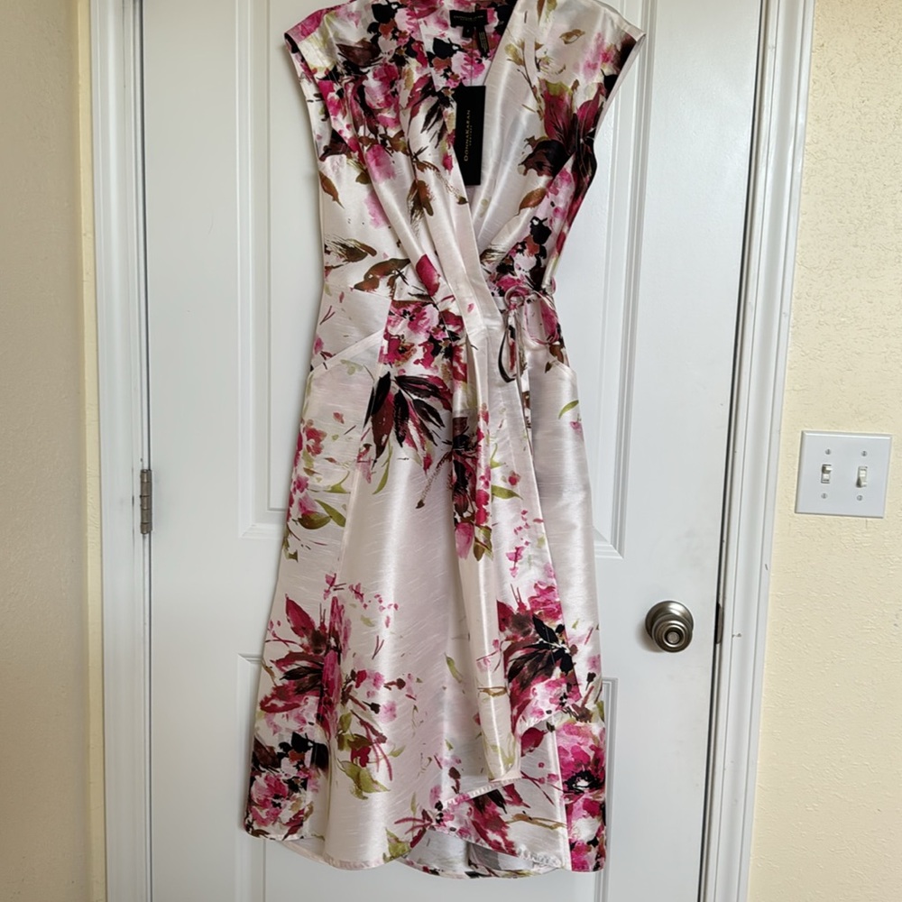 Donna Karan White Floral Wrap Midi Dress with Pink Accents - Picture 11 of 14